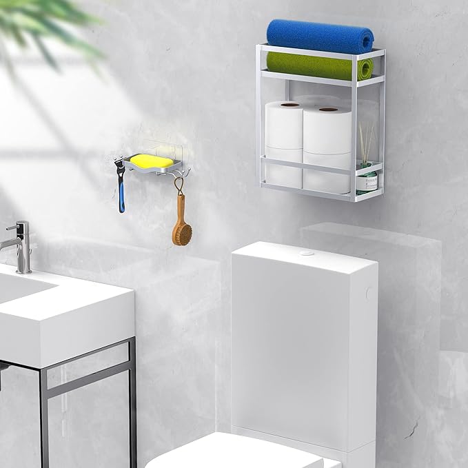 Meangood Shower Caddy Organizer with Soap Holder, Mounting Over Shower Head Or Door, Extra Wide Space for Shampoo, Conditioner, and Soap with Hooks for Razorsand More, Matte Silver