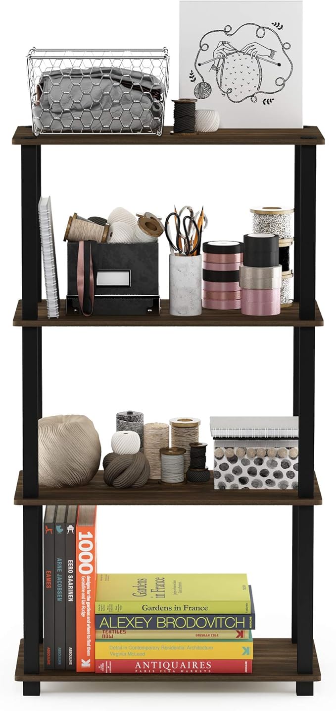 Furinno Turn-N-Tube 4-Tier Multipurpose Shelf Display Rack, Square Tube, Columbia Walnut/Black-NeatNest