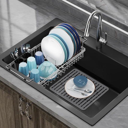 GSlife in Sink Dish Drying Rack - Large Stainless Steel Capacity Expandable Dish Drainer with Sink Protector, Silver