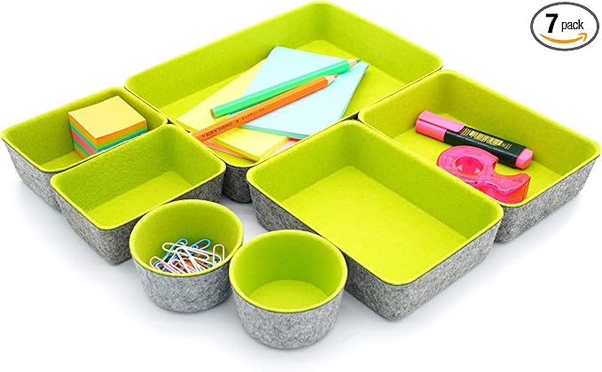 Welaxy Drawer organizers bins felt trays desk storage bins dividers small drawers for office supplies 7-piece Pack back to school college gift idea (Green)-NeatNest