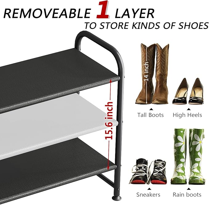 Shoe Rack 3 Tier Long Storage Organizer Wide Metal Shoe Shelf for Closet Entryway Black-NeatNest