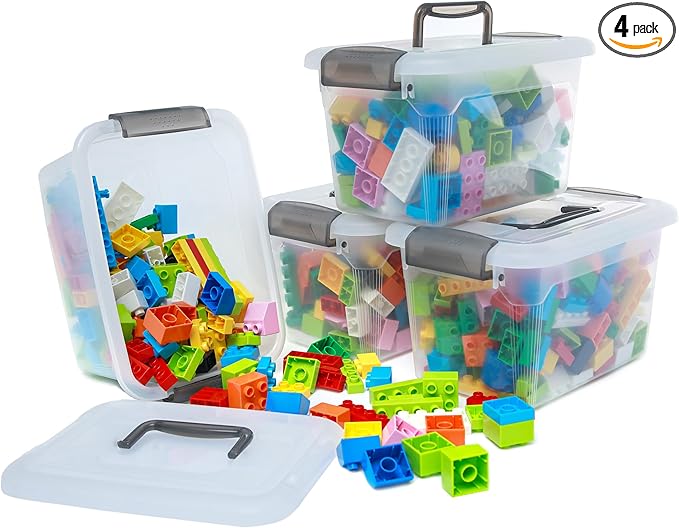 Citylife 4 Packs 6 QT Storage Bins with Lids Clear Plastic Bins with Grey Handle Stackable Storage Containers for Organizing-NeatNest