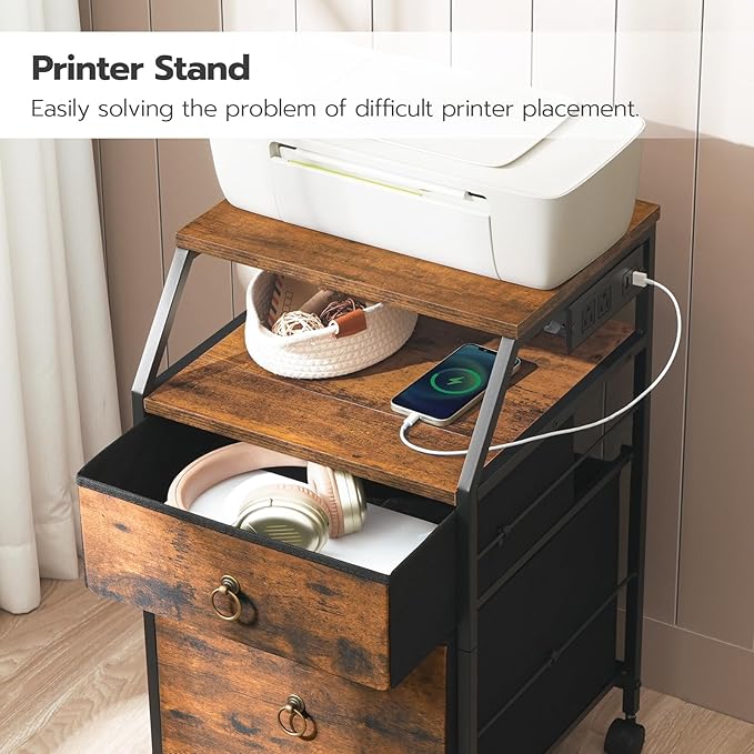 HOOBRO 2-Drawer Mobile File Cabinet, Filing Cabinet with Charging Station, Printer Stand with Open Storage Shelf, for A4/Letter Size, Home Office, Nonwovens Drawer, Rustic Brown and Black BF10UWJ01