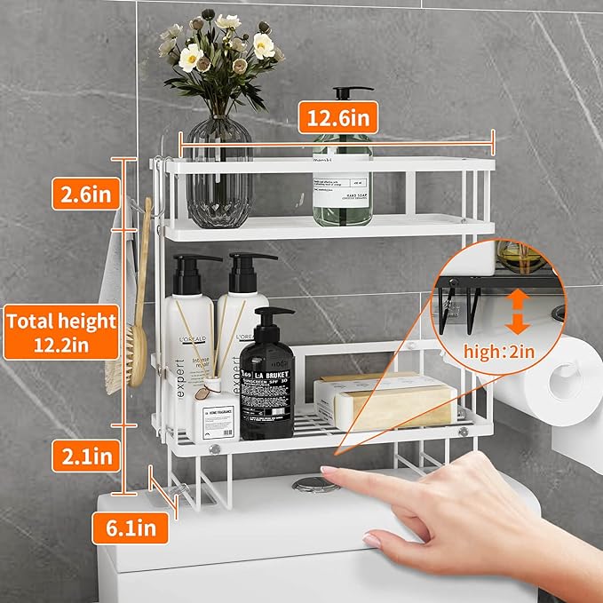 Godboat Bathroom Organizer - Over The Toilet Storage Cabinet, 2-Tier Floating Shelves, Wall Shelf with 2 Hooks & Paper Rack, Cool Accessories & Decor, Gifts for Women, Mothers Day (White)-NeatNest