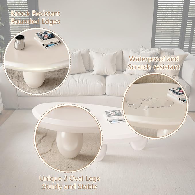 Irregular Coffee Table with 3 Oval Legs Cream White Live Edge Coffee Table Modern Cute Cloud Indoor Central Table Low Tea Table for Living Room Easy Assembly,Water Drop c White 39.4"