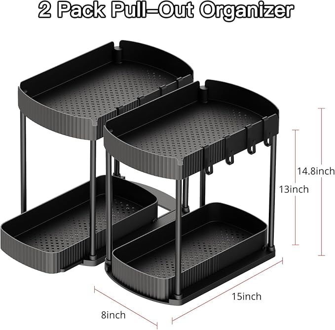 2 Pack Multi-Purpose Pull-Out Storage Organizers, Under Sink Organizers and Storage for Bathroom & Kitchen, Under Cabinet Organizers and storage, 14.8 Inch, Black-NeatNest