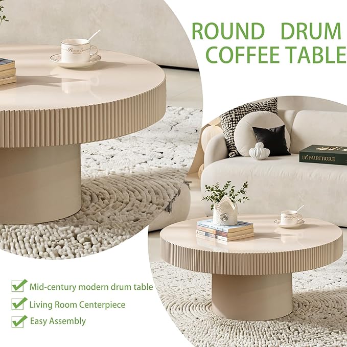 Handmade Round Grooved Drum-Shaped Coffee Table、Rustic Modern Circular Centerpiece for Living Room & Farmhouse Decor、Easy to Clean (A White 30.7in)