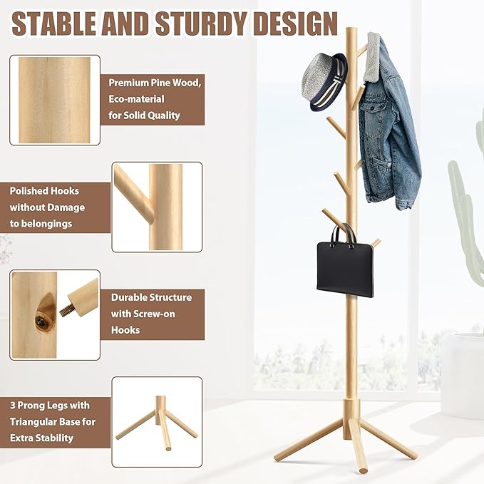 Haddockway Wooden Coat Rack Stand with 8 Hooks New Zealand Pine 3 Adjustable Coat Standing Tree Easy Assembly for Coats, Hats, Scarves and Handbags for Entryway, Hallway, Bedroom, Office-NeatNest