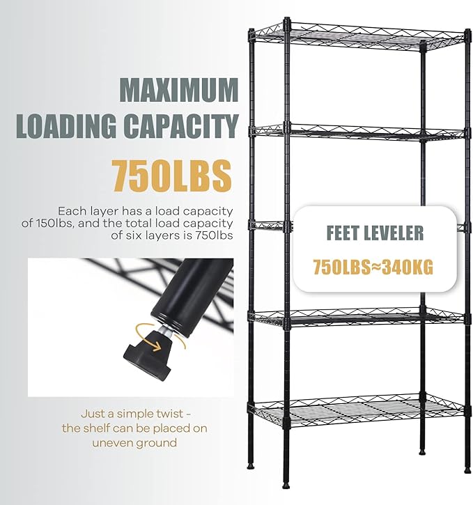 5-Tier Metal Shelving Unit Storage Shelves Metal Shelves 48"x21"x12" Heavy Duty Metal Storage Rack Wire Rack NSF Height Adjustable for Home Kitchen Bathroom Garage Shelving(Black)