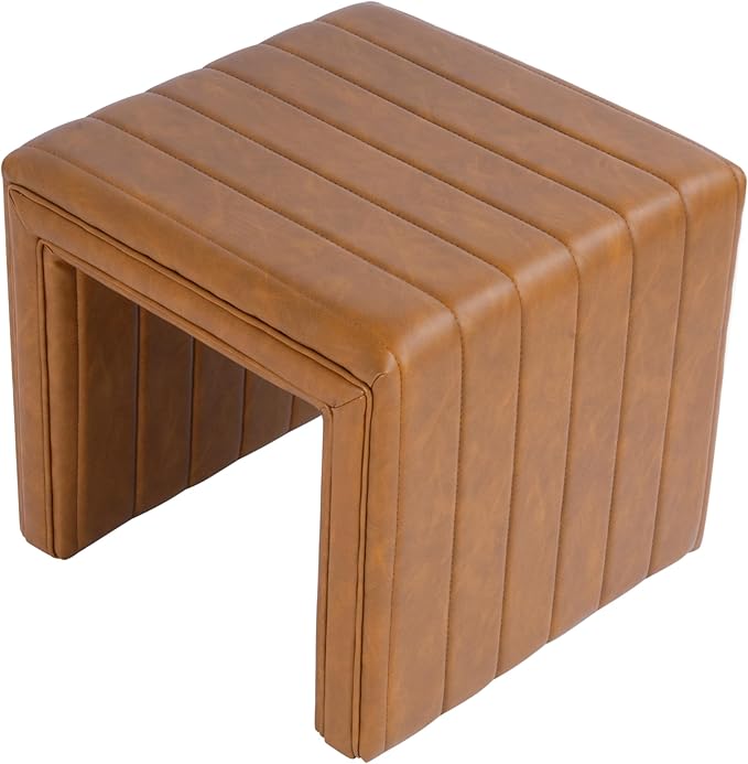 HomePop Modern Channel Tufted Faux Leather Ottoman Home Décor|Ottoman for Living Room & Bedroom - Carmel Brown