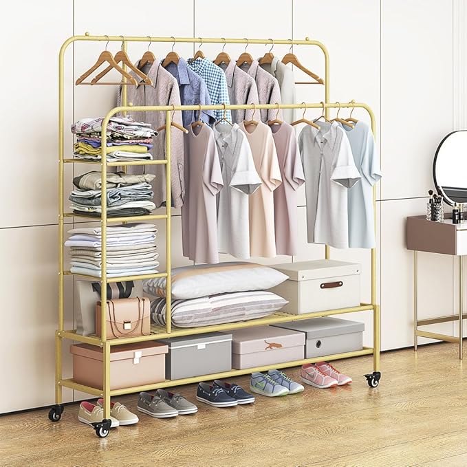 Garment Rack for Hanging Clothes Rack Heavy Duty Portable with Bottom Metal Shelf Drying Coats Shirt,Black (Gold+Double Rods+Shelf)-NeatNest