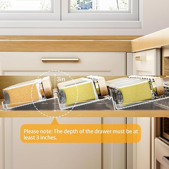 2-Tier Spice Drawer Organizer 2 Pack, Expandable from 11" to 22" Clear Acrylic Spice Rack for Drawer, Kitchen Spice Organization, Seasoning Organizer Holds Up to 24 Jars(Jars Not Included)-NeatNest