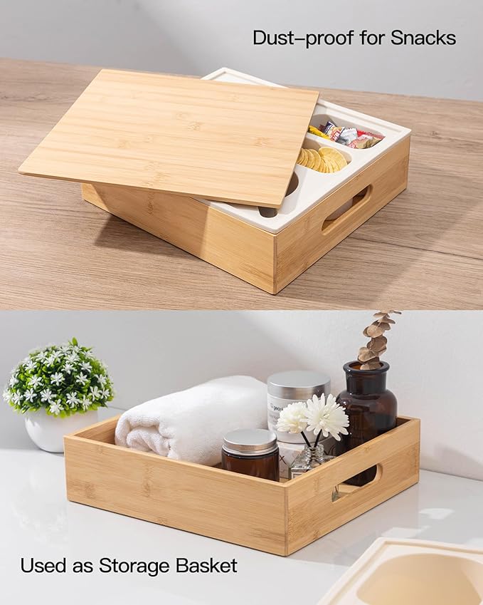 Couch Cup Holder with Lid, Silicone Bed Caddy with Cup Holder, Bed Organizer for Drinks, Snacks, Remotes, Bamboo Couch Caddy for Sofa, Bed and Car(Beige)-NeatNest
