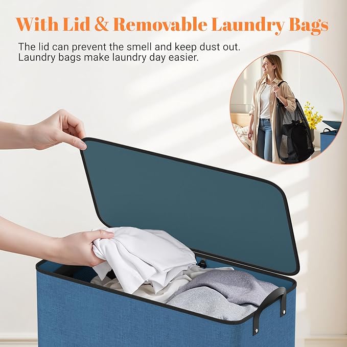 Large Double Laundry Hamper with Lid, Removable Bags & Reinforced Handles, 2 Section Tall Laundry Basket, Dirty Clothes Hampers for Laundry Room, Bedroom, Bathroom, Dorm, 136L, Blue-NeatNest