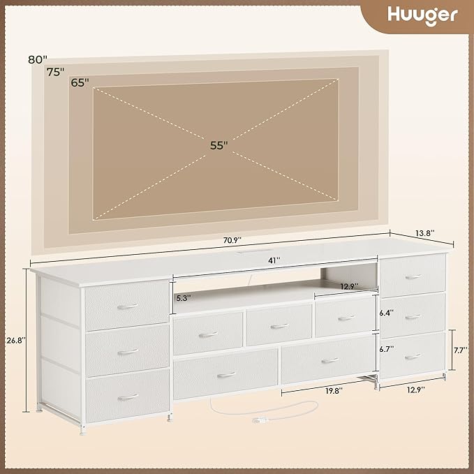 Huuger 70 Inch TV Stand for 75, 80 Inch TV, 11 Drawer Long Dresser with Power Outlets and LED Lights, Entertainment Center with Storage, White Dresser with PU Leather Surface