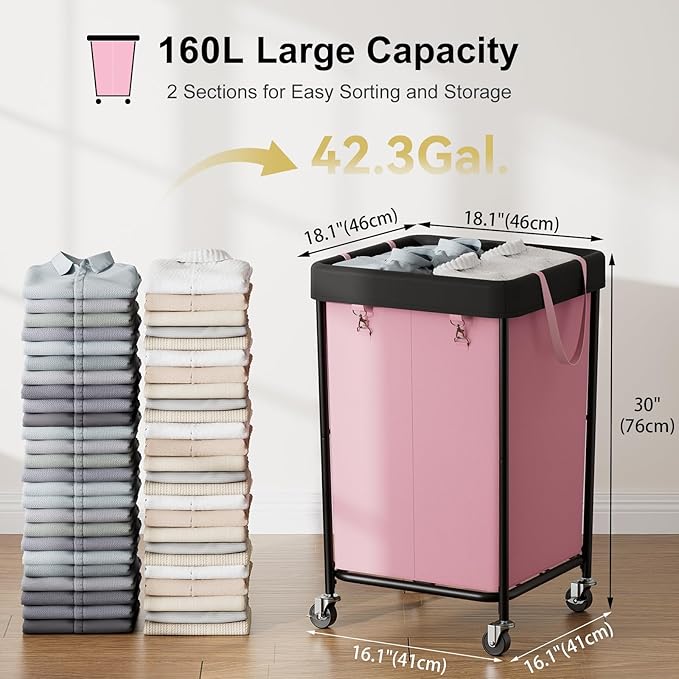 Chrislley 160L Laundry Hamper with Wheels, 2 Section Large Laundry Basket with Removable Bag, Steel Frame Dirty Clothes Hamper, Rolling Laundry Cart for Bedroom, Bathroom, Dorm, Hotel, Pink