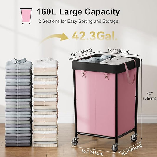 Chrislley 160L Laundry Hamper with Wheels, 2 Section Large Laundry Basket with Removable Bag, Steel Frame Dirty Clothes Hamper, Rolling Laundry Cart for Bedroom, Bathroom, Dorm, Hotel, Pink-NeatNest
