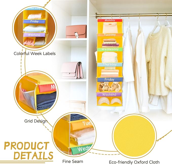 6-Shelf Weekly Closet Hanging Organizer for Kids, 7-Grid Days of The Week Baby Kids Clothing Organize Monday Through Sunday, Foldable Oxford Cloth Closet Clothes Organize Weekday (Yellow)-NeatNest