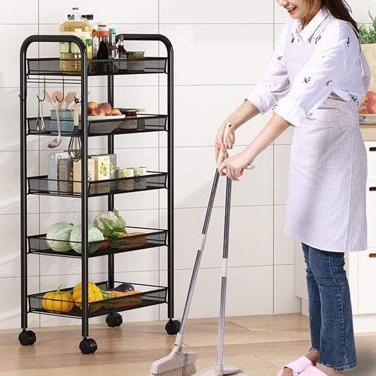3/4/5 Tier Fruit Vegetable Basket, Stackable Metal Mesh Storage Basket with 360 Degree Wheels, Fruit Vegetable Produce Basket Storage Organizer for Kitchen, Pantry, Bathroom Black 5-Layers