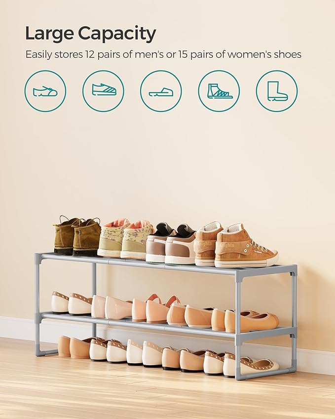 SONGMICS Shoe Rack, 2-Tier Shoe Organizer, Metal Storage Shelf, Upright or Upside Down, for 12-15 Pairs, Stackable, for Entryway, 11.8 x 36.2 x 13.4 Inches, Gray ULSA012G01-NeatNest