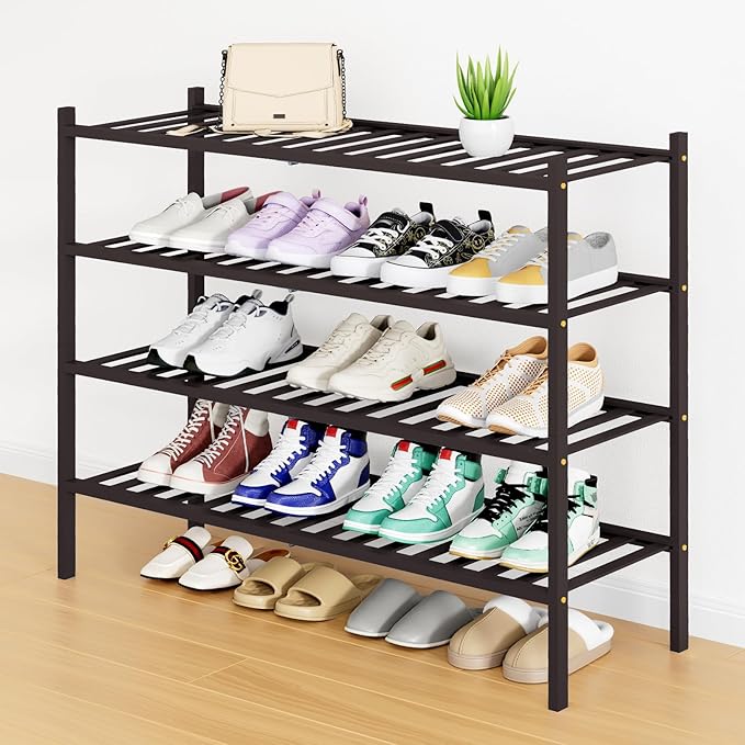 Smiry Shoe Rack, 4 Tier Long Bamboo Shoe Organizer, Stackable Free Standing Wooden Shoe Storage Shelf for Closet, Entryway, Front Door Entrance, Brown-NeatNest