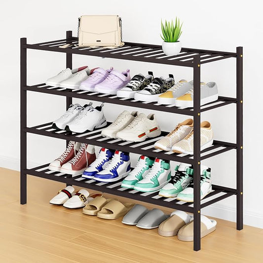 Smiry Shoe Rack, 4 Tier Long Bamboo Shoe Organizer, Stackable Free Standing Wooden Shoe Storage Shelf for Closet, Entryway, Front Door Entrance, Brown-NeatNest