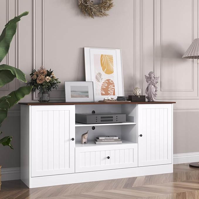 63 in Farmhouse TV Stand for TVs up to 70 Inch, Modern Entertainment Center with Storage Drawer and Open Shelves, Shaker Door TV Console Media Cabinet for Living Room, Bedroom, White-NeatNest
