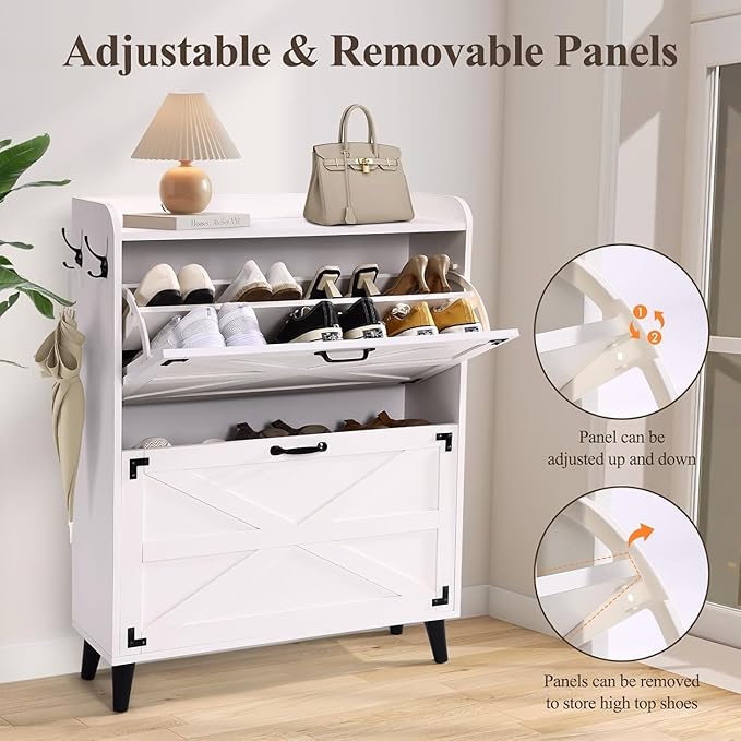 Shoe Cabinet Storage for Entryway - Narrow Shoe Storage Cabinet with 2 Flip Drawers, Farmhouse Shoe Organizer for Entryway Slim Hidden Shoe Rack Cabinet with Hooks for Hallway Foyer Garage-NeatNest