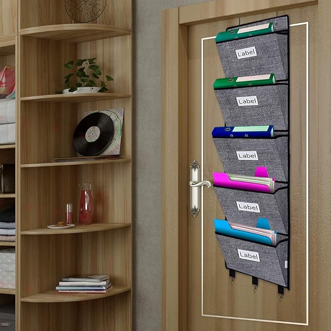 homyfort Over the Door File Organizer Hanging File Folders, Wall Organizers and Storage for Mail, Magazine, Notebooks, Planners, Office, Classroom, 5 Extra Large Pockets (Black with Pattern)-NeatNest