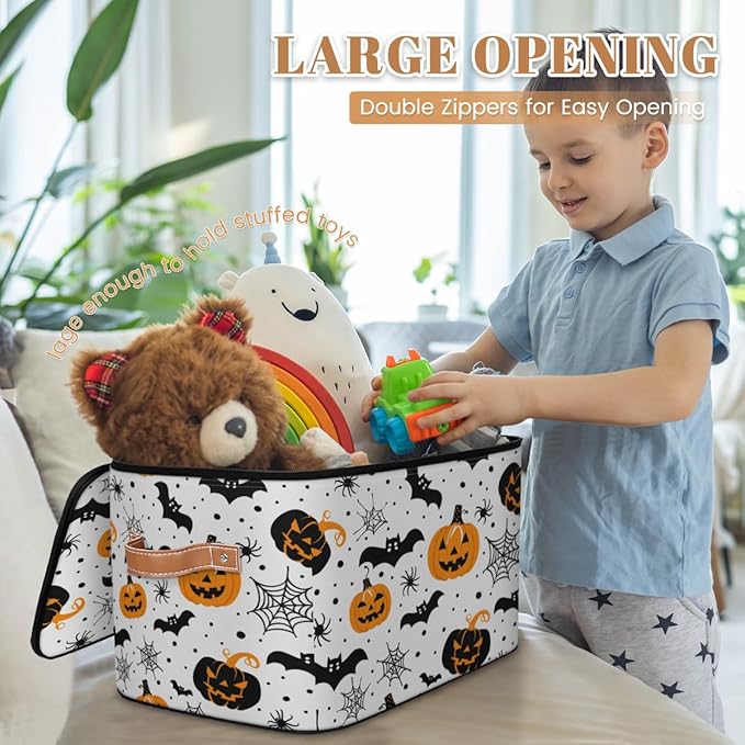 Halloween Pumpkin Storage Bins with Lids, Spiders Bat Fabric Storage Boxes with Zipper, Collapsible Decorative Closet Organizer Cube for Clothes,Organizing, Shelves-NeatNest