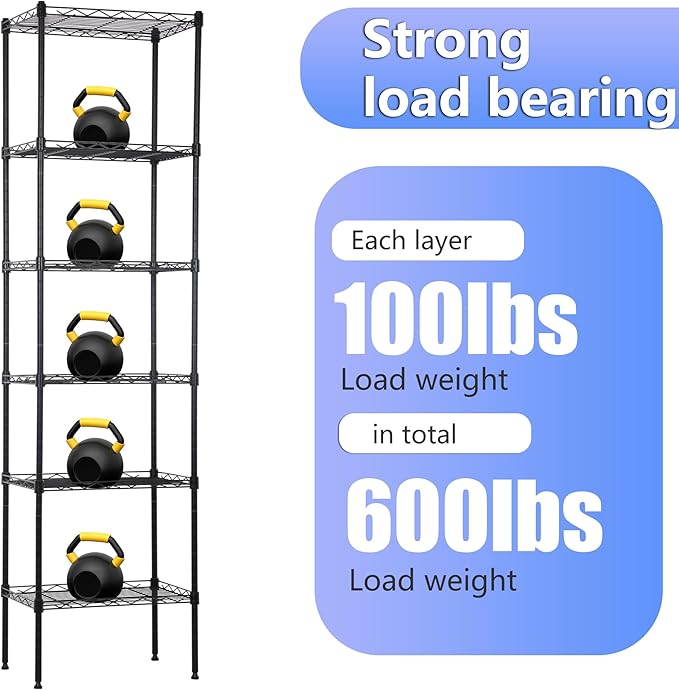 BestOffice Metal Garage Shelving 6 Tiers Garage Storage Shelves Heavy Duty 17”D x 12”W x 64”H Easy Assemble Wire Shelving NSF Certified Storage Shelves with Levling Feet for Home Garage Office, Black-NeatNest