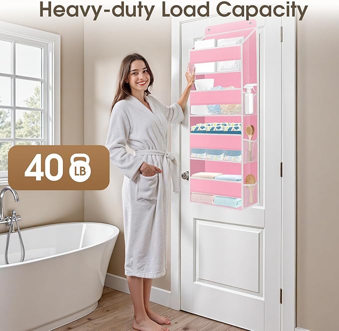 1 Pack Over The Door Organizer Hanging Storage Organizers with Clear Window 40lb Large Capacity Room Organizer for Pantry Laundry Bathroom Nursery Closet(Pink)-NeatNest