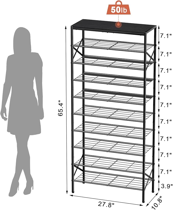 10-Tier Tall Shoe Rack Organizer Shoe Storage for Entryway 30-40 Pairs Metal Shoe Rack for Closet Heavy-Duty Shoe Rack with Wooden Top Shelf for Garage Black-NeatNest