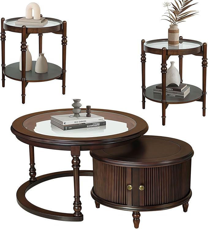 31.5'' Nesting Coffee Table Set of 2 and End Table, Solid Wood Round Nesting Coffee Table Fluted with Storage, Brown Modern Coffee Table Set for Living Room Office