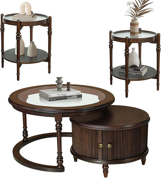31.5'' Nesting Coffee Table Set of 2 and End Table, Solid Wood Round Nesting Coffee Table Fluted with Storage, Brown Modern Coffee Table Set for Living Room Office