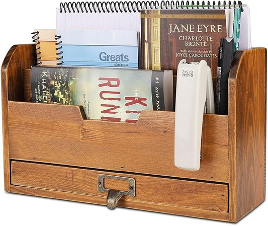 Flexzion 3 Tier Wooden Desk Organizer - Country Rustic Compartments Slot File Tray Pencil Sorter Shelf Holder Supplies Rack Accessories Set with Storage Drawer for Desktop Tabletop Office Home Brown-NeatNest