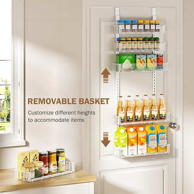 Delamu Adjustable Over the Door Pantry Organizer with Clear Acrylic Panel, 6-Tier Pantry Organization and Storage for Kitchen, Hanging Spice Rack Seasoning Shelves for Cabinet, Easy Install, White-NeatNest