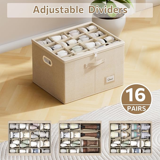 2 Pack Shoe Organizer for Closet Large Shoe Box Storage Containers with Clear Window Space Saving Shoe Bin with Foldable Bottom Support Adjustable Dividers Fits 32 Pairs (Beige, (19.7x15.7x13inch)x2)-NeatNest