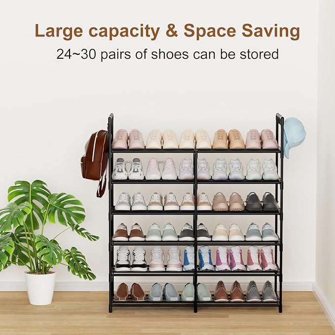 2-Row 6-Tier Shoe Rack, Black Metal Stackable Shoe Shelf with Multifunctional Hooks, Hold 24-30 Pairs, Space Saving Shoes Organizer for Closet,Show Rack-NeatNest
