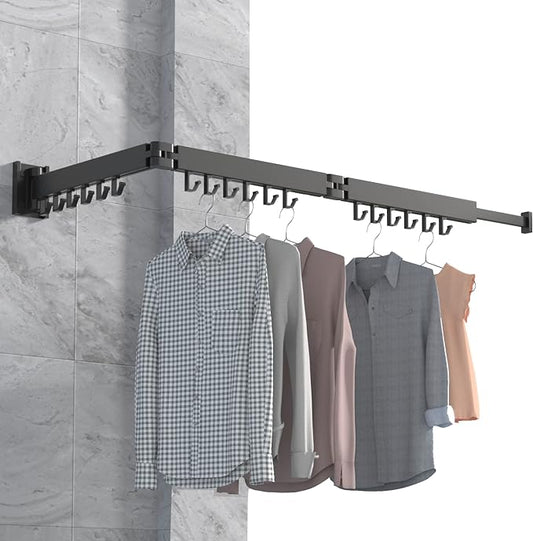 Wall Mounted Clothes Hanger Rack, Retractable Clothes Drying Rack Folding Indoor, Laundry Drying Rack, Space Saver Clothes Rack,Collapsible(Tri-Fold),with 18 J-Hooks Laundry Rack Black