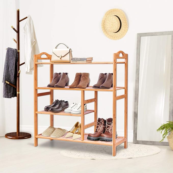 4-Tier Bamboo Shoe Rack with Boots Storage, Freestanding Wooden Display Shelf with Handle, Multifunctional Storage Organizer for Bathroom Entryway, Hallway, Living Room Plant Stand-NeatNest