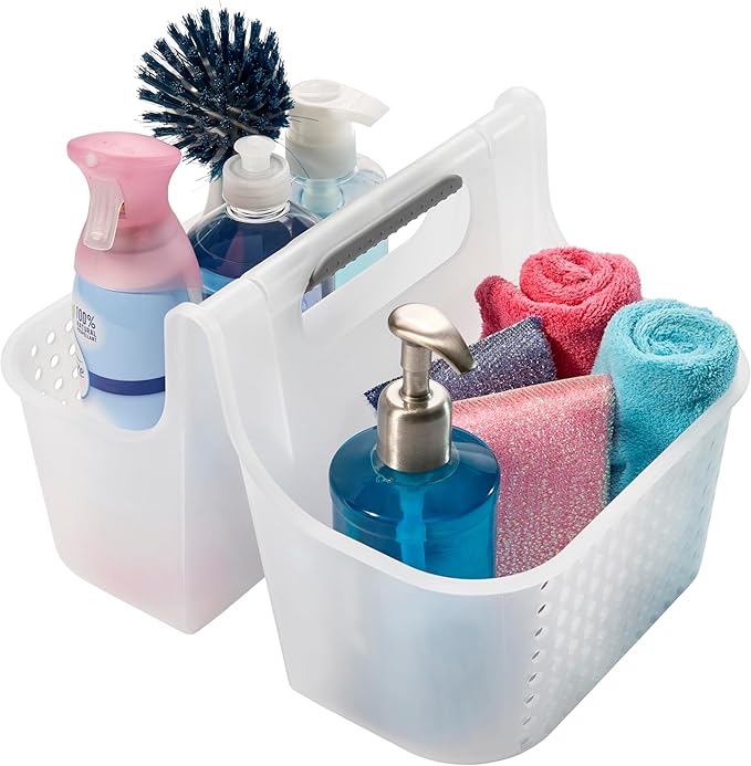 Madesmart 2-Compartment Soft Grip Shower Tote for Bathroom Organization, Plastic Storage Shower Caddy Bucket, Large, Frost