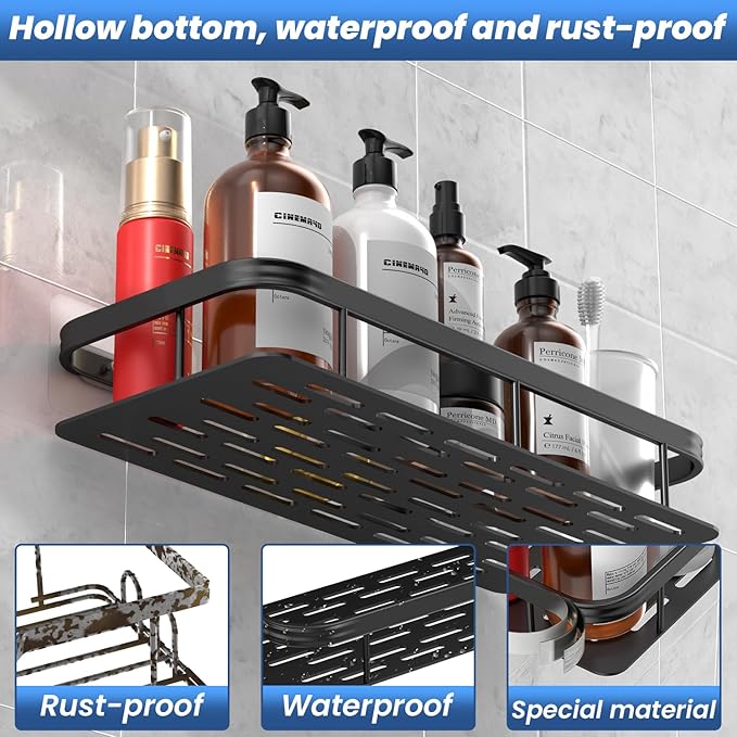 lanlord Wall Mounted Shower Caddy Shelf Organizer Rack,2 Pack 12 inch No Drilling Adhesive Shower Shelves,Bathroom Shower Organizers and Storage,Save Space With Hooks,(Black 2LBLT).
