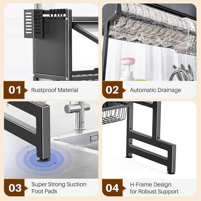 Over The Sink Dish Drainer Drying Rack 3 Tiers with Cover, Keep Kitchen Sink Shlef Organized Space-Saving Dish Drying Rack, Large Stainless Steel Sink Drying Rack for Dishes, Bowls, Cutlery (33.4"W)
