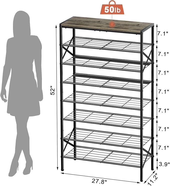 8-Tier Tall Shoe Rack Organizer Shoe Storage for Entryway 24-32 Pairs Metal Shoe Rack for Closet Heavy-Duty Shoe Rack with Wooden Top Shelf for Garage Gray-NeatNest