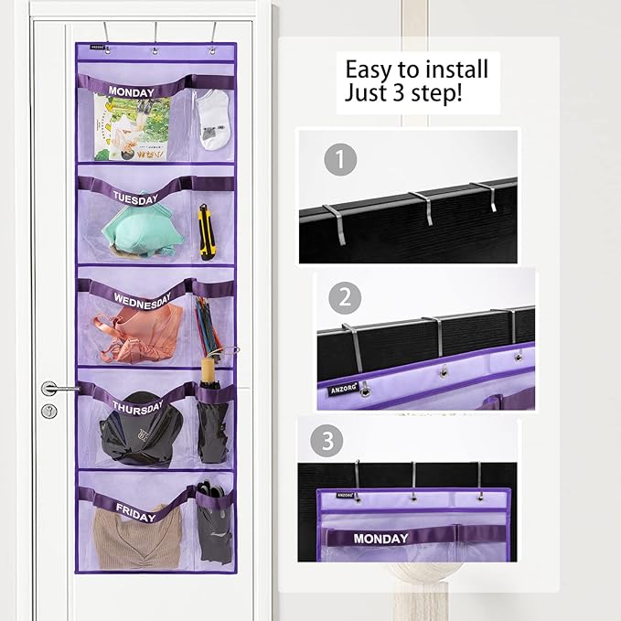 Weekly Kids Clothes Organizer Day of Week School Clothing Storage Monday to Friday Hanging Closet Organizer (Purple)-NeatNest