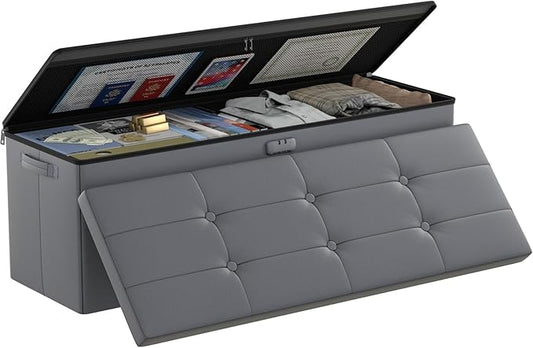 DocSafe Storage Ottoman Bench, Fireproof＆Waterproof Folding Bench with Lock(15”x 43”x15”), Leather Storage Chest with Handles＆2 Extra Boxes, Ottoman Safe for Bedroom,Living Room,Home Office, Gray-NeatNest