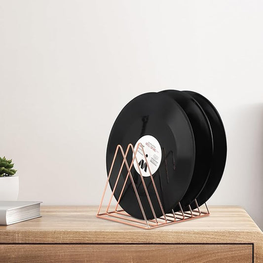 COSYAWN Triangle 7 Slot Vinyl Record Holder, Anti-Rust Metal Magazine Album Display Rack Desktop File Sorter Organizer, Paper Letter Newspaper Storage for Home Office, Rose Gold 2 PACK-NeatNest