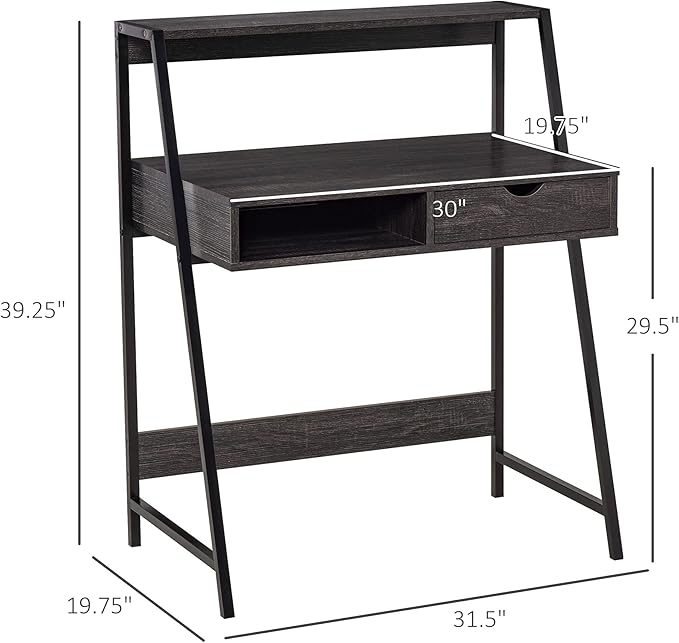 HOMCOM Home Office Desk, Computer Desk with A Frame for Small Spaces, Writing Table with Drawer and Storage Shelves, Charcoal Gray-NeatNest