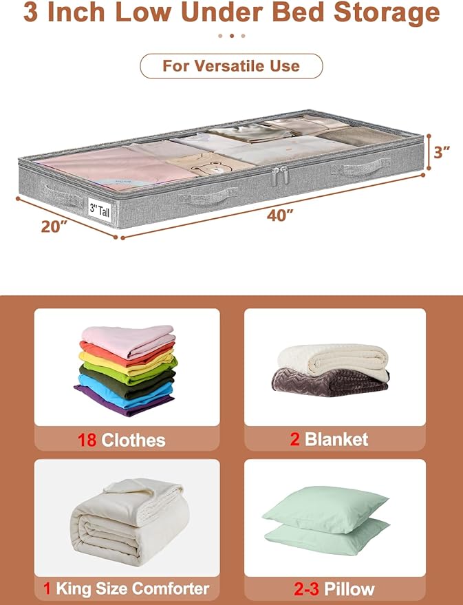 3 Inch Low Profile Under Bed Storage Bins with NO STURCTURE Design, Shallow Clothes Storage Bags with Clear Lids & Waterproof Fabric, 2-Pack, Grey – Fits Under Sofa, Couch, Dorm, or College Beds-NeatNest